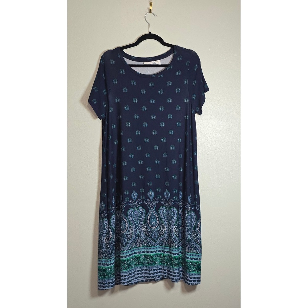 Lucky Brand Navy Paisley Border Print Short Sleeve Shift Dress Plus Size 1X boho